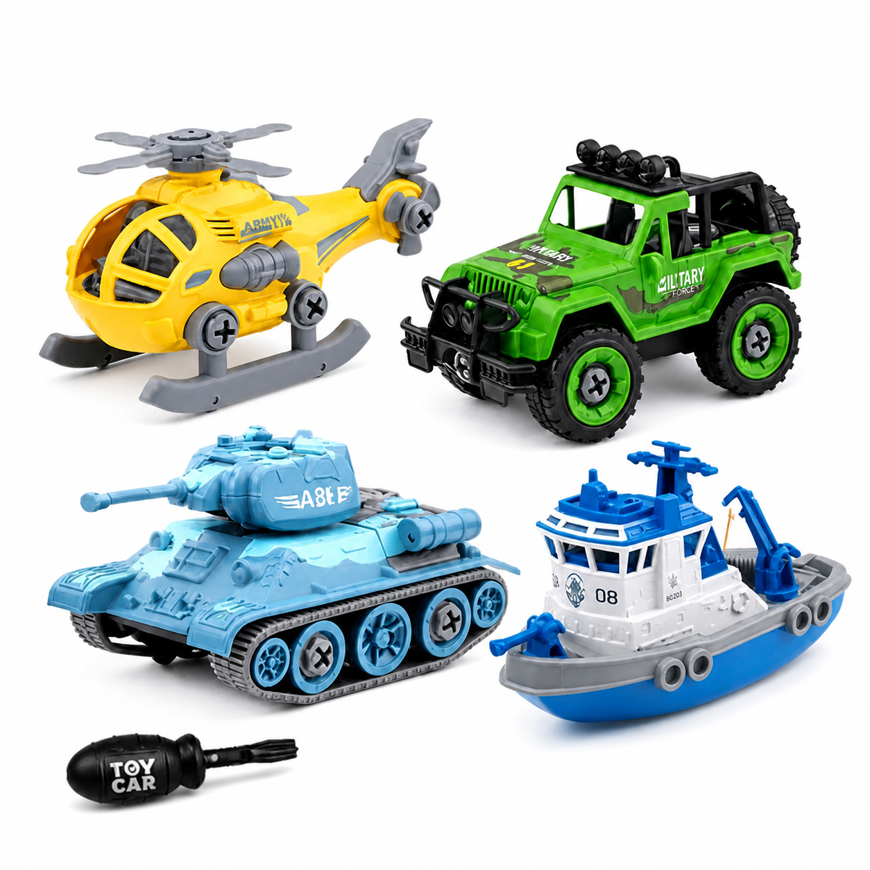 Assembly Military Vehicle Toy Set 4-in-1 DIY Construction Kit with Screwdriver